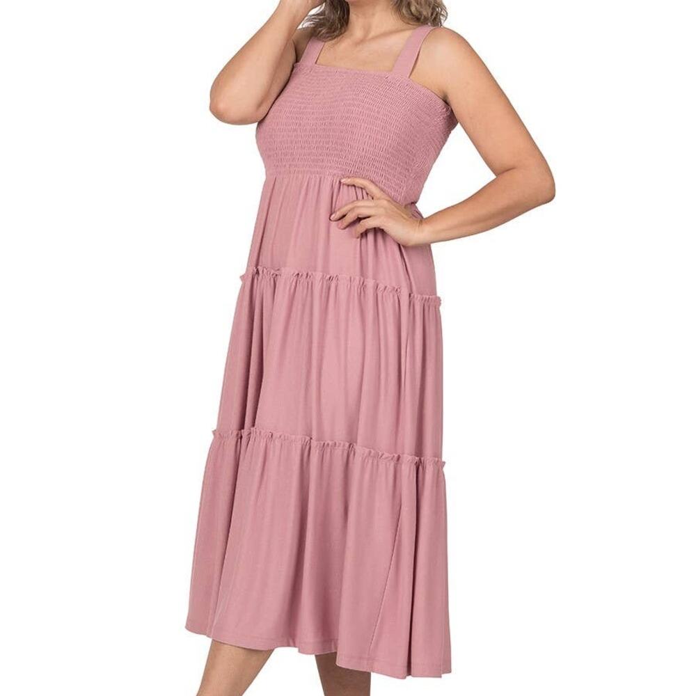 🔥SALE🔥 3X Zenana Smocked Tiered Midi Dress Lt Rose Pink Plus sized comfort - Picture 16 of 16